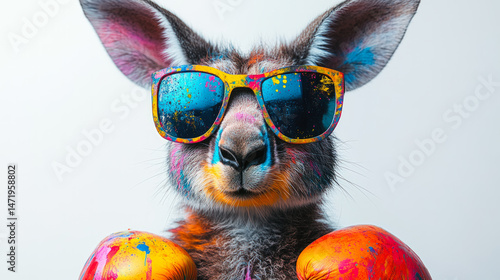 Playful kangaroo wearing colorful sunglasses and paint-splattered fur, capturing a vibrant, energetic, and creative artistic vibe.  
