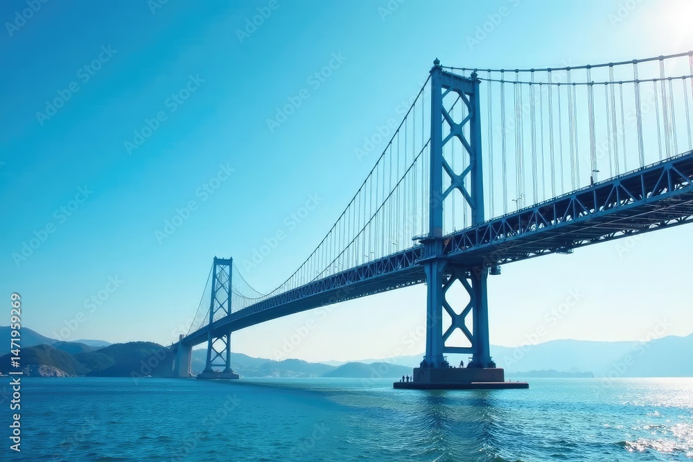 Fototapeta premium Sky blue suspension bridge against a clear sky Perfect for travel, infrastructure, and engineering projects , aerial, sky, scenic