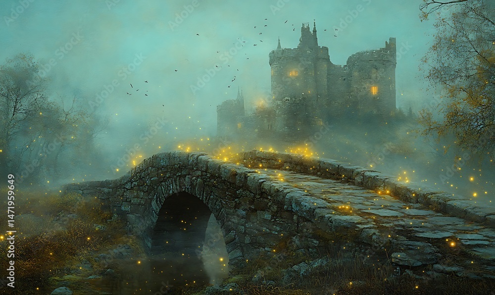 A mystical stone bridge leads to an old faraway castle