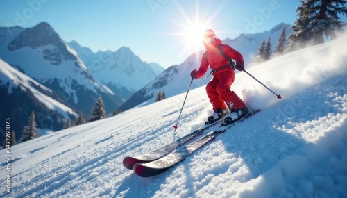 Close-up of skis on snowy mountain slope, winter sun Ready for downhill race , athletic, competition, white