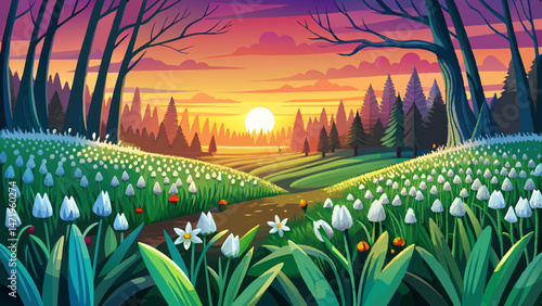 Sunset over a vibrant field of snowdrop flowers with a backdrop of dark green trees in a tranquil outdoor setting Very beautiful