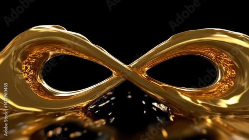 Abstract golden fluid forming an infinity loop against a dark backdrop with reflections, fluidity, smooth and shiny metallic liquid surface