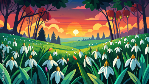 Sunset over a vibrant field of snowdrop flowers with a backdrop of dark green trees in a tranquil outdoor setting Very beautiful
