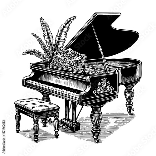 Grand piano engraving black and white outline. Scratch board imitation.  illustrated in vintage line art style on a white background.