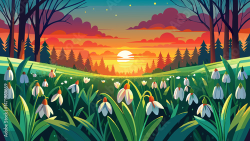 Sunset over a vibrant field of snowdrop flowers with a backdrop of dark green trees in a tranquil outdoor setting Very beautiful