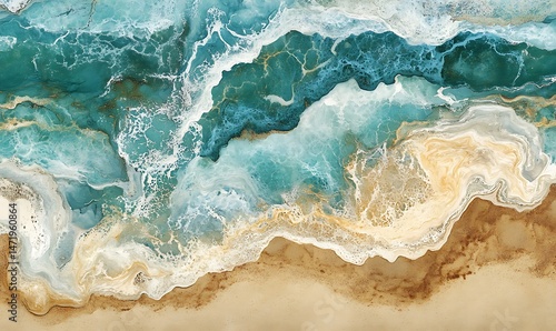 The ocean waves crashing onto a sandy beach from above
