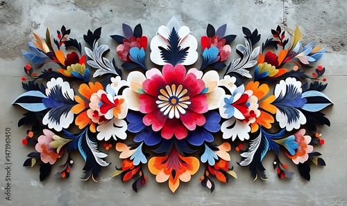 Colorful paper floral art decoration presented on a textured concrete wall