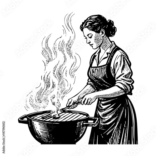 Mother cooking in grill barbeque sketch engraving black and white outline. Scratch board imitation.