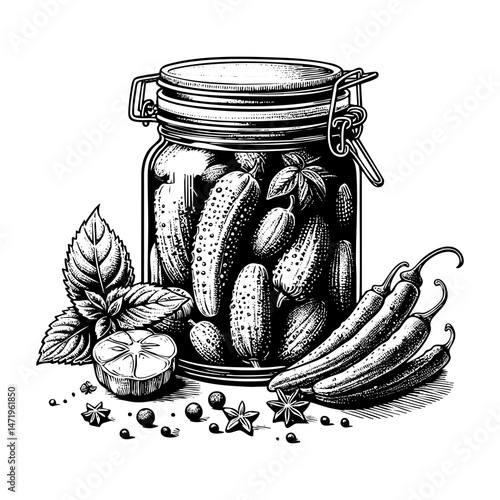 Cucumber pickle in jar engraving black and white outline. Scratch board imitation.