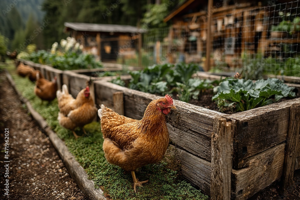 Fototapeta premium Chickens Walking in Vegetable Garden with Raised Beds, Grass, and Wooden Fence