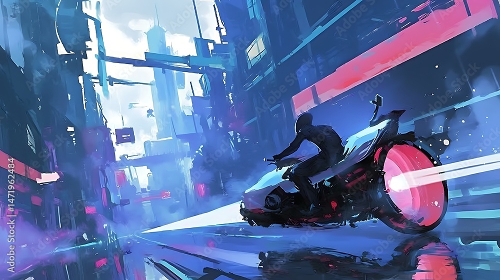 Fototapeta premium Futuristic city motorcycle ride