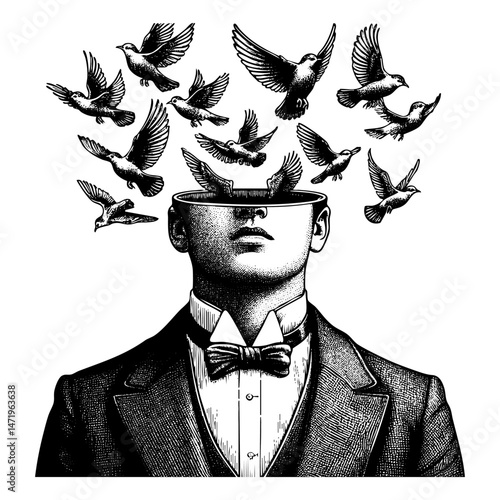 man in formal attire with an open head, from which birds are flying sketch engraving black and white outline. Scratch board imitation.