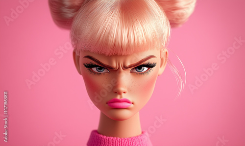 A photograph of an angry doll, set against a pink background, with a hyper-realistic style. Copy space for text. Banner.
