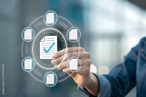 Document review process and quality control concept. Hand holding magnifying glass over a document icon with checklist, Document review and approval. Certificate management, Audit, Standardization,