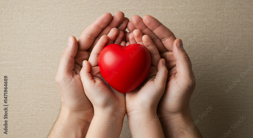 Fototapeta premium Hands of Love: Child's Heart Cherished & Protected - Family Care, Health, Valentine's Day, Giving, Support, Red Heart Symbol