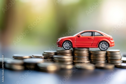 Mini car balanced on coins representing auto savings and finance