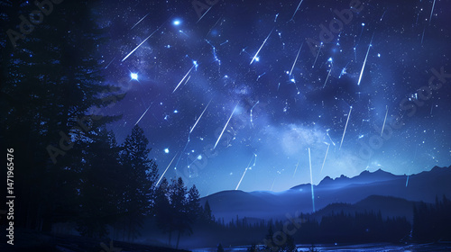 A night scene with shooting stars over mountains and trees under a dark blue sky filled with stars