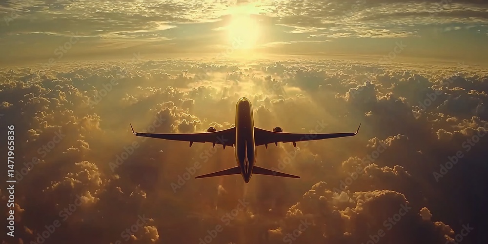 Naklejka premium Airplane soars toward the golden horizon, embracing freedom and exploration