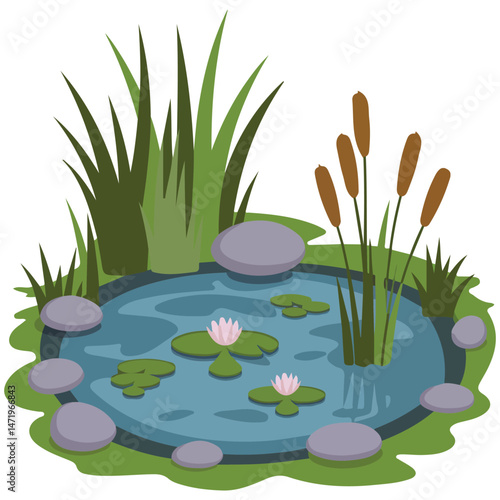 Lake with reeds landscape isolated vector illustration on white background