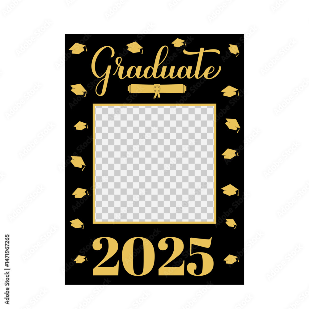 Graduate 2025 photo booth frame isolated on white. Graduation celebration selfie frame. Graduation party photobooth props. Black and gold rom decorations. Vector template.