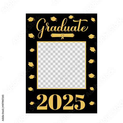 Obraz na płótnie Graduate 2025 photo booth frame isolated on white. Graduation celebration selfie frame. Graduation party photobooth props. Black and gold rom decorations. Vector template. w salonie