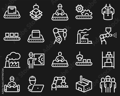 Simple Set of Mass Production Related Vector Line Icons. Contains such Icons as Industrial Oven, Robot Manipulator, Warehouse, Painting Bot and more white