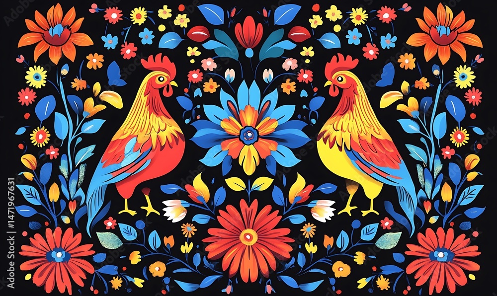 Two brightly colored roosters surrounded by a colorful floral arrangement
