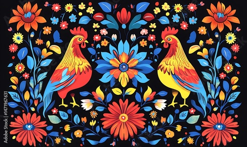 Obraz na płótnie Two brightly colored roosters surrounded by a colorful floral arrangement w salonie