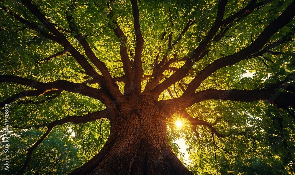 Majestic tree viewed from below shows vibrant leaves and bright sunlight