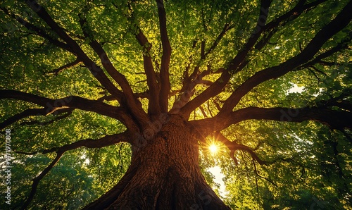 Majestic tree viewed from below shows vibrant leaves and bright sunlight
