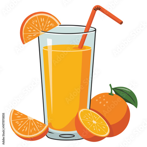 Orange juice with fresh fruit isolated vector illustration on white background