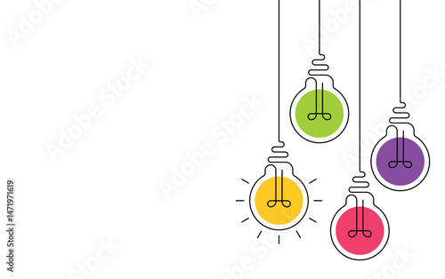 Multicolor hanging light bulbs on white background. Continuous line drawing light bulb. Concept of idea