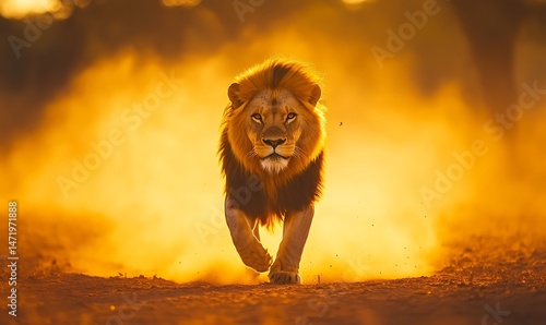A majestic lion walking towards the camera in bright sunshine
