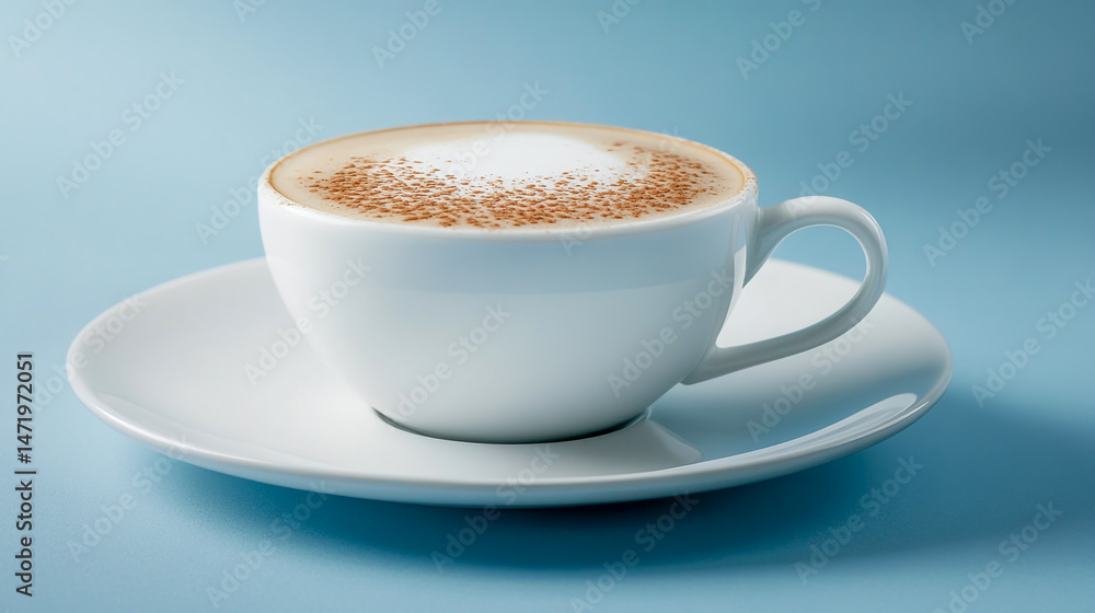 Cappuccino on a white plate, isolated on a blue background. Cappuccino on a white plate, isolated on a blue background.
