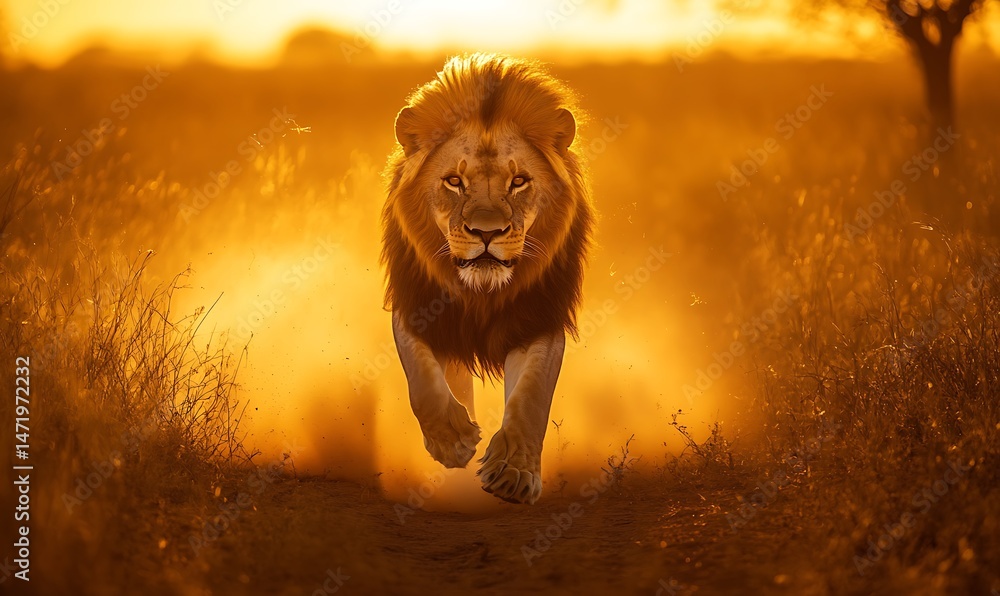 A majestic lion strides confidently toward the viewer through the grasslands