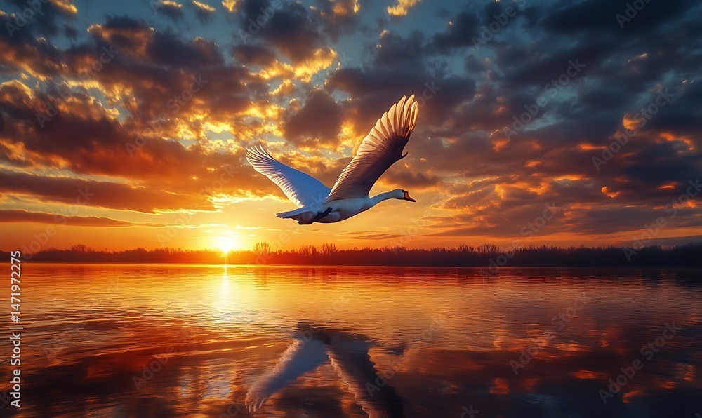 A white swan flies over tranquil water during a sunset scene