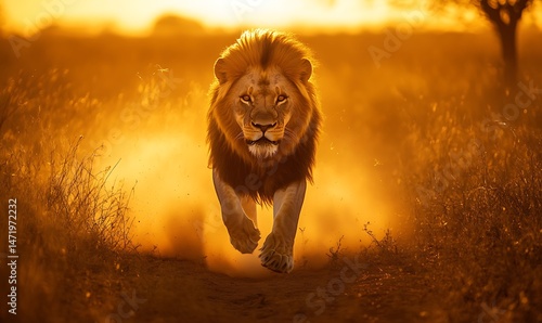 Obraz na płótnie A majestic lion strides confidently toward the viewer through the grasslands w salonie