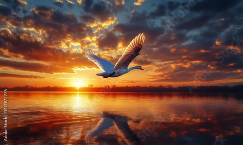 Obraz na płótnie A white swan flies over tranquil water during a sunset scene w salonie
