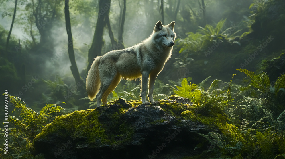 Obraz premium White wolf in a mossy forest, standing on a rock with ferns, foggy forest background.