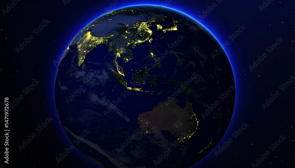 Fototapeta premium Illuminated Planet Earth at Night: A Vibrant World Under a Midnight Blue Glow