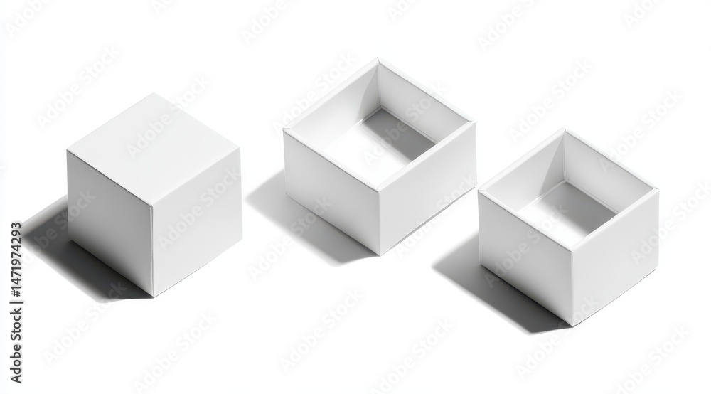 Three white cube boxes, empty inside, showcasing different perspectives. Shadows cast beneath each box Three white cube boxes, empty inside, showcasing different perspectives. Shadows cast beneath each box
