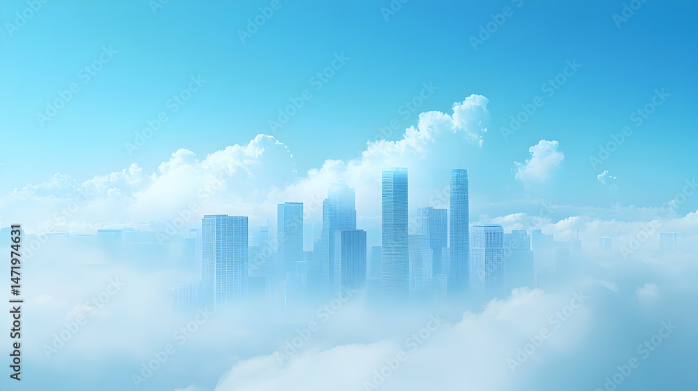Fototapeta premium Serene Cityscape Above Clouds with Bright Blue Sky and Soft Clouds