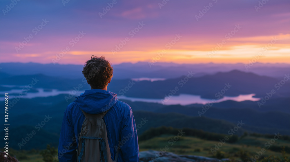 Naklejka premium A tranquil moment as a traveler watches the sky burn with orange and pink light, mountain ranges fading into blue mist in the distance