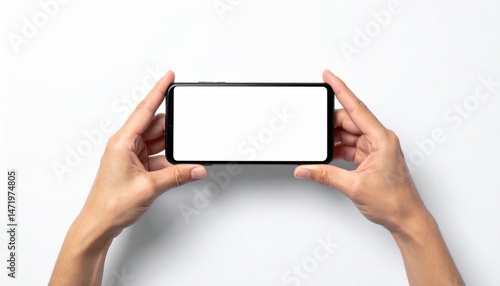 Hands holding mobile phone horizontally with blank white screen for app promotion or presentation on white background providing space for graphic design