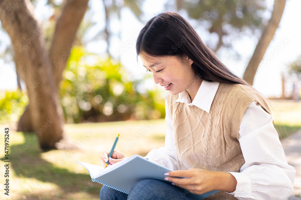 Pretty Chinese woman at outdoors holding a notebook Pretty Chinese woman at outdoors holding a notebook
