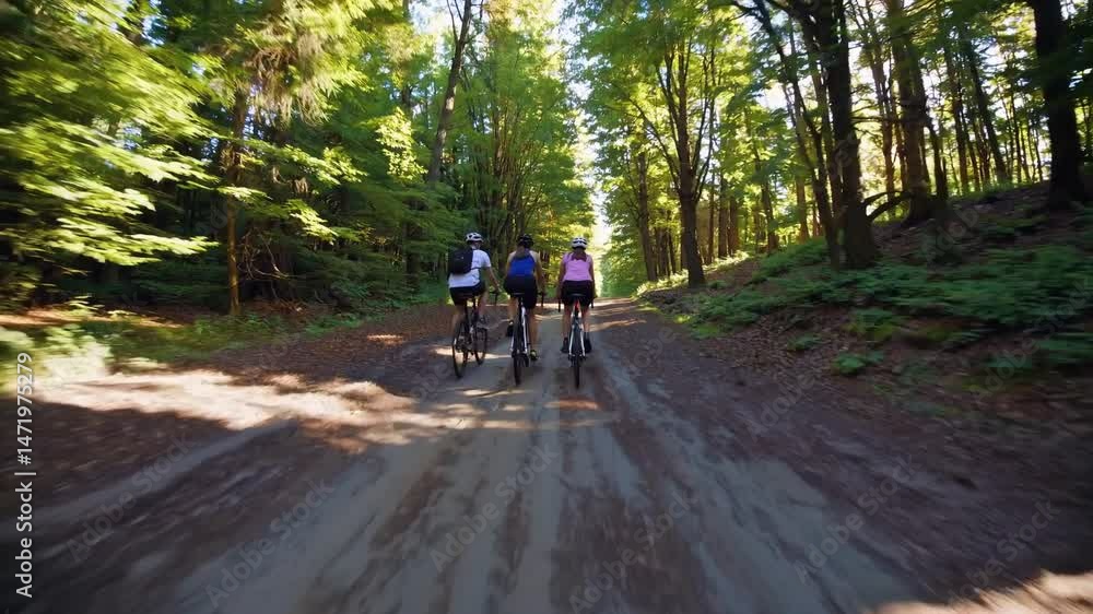 Cycling companions pedaling mountain bikes through sunlit forest trail, enjoying outdoor adventure and scenic nature journey Cycling companions pedaling mountain bikes through sunlit forest trail, enjoying outdoor adventure and scenic nature journey