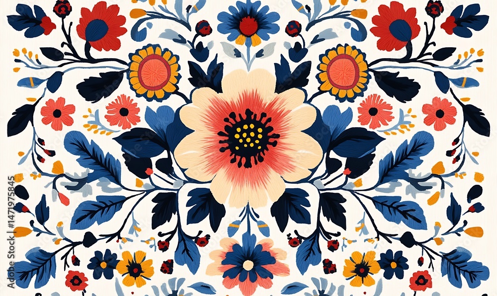 Intricate floral arrangement composed of vibrant colors and organic forms
