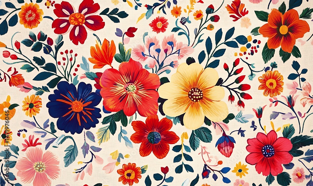 A vibrant display of colorful floral blooms and foliage details