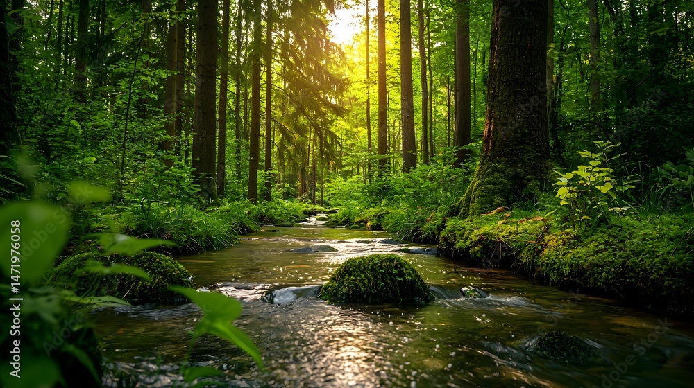 Fototapeta premium Lush jungle with greenery and water in tropical rainforest