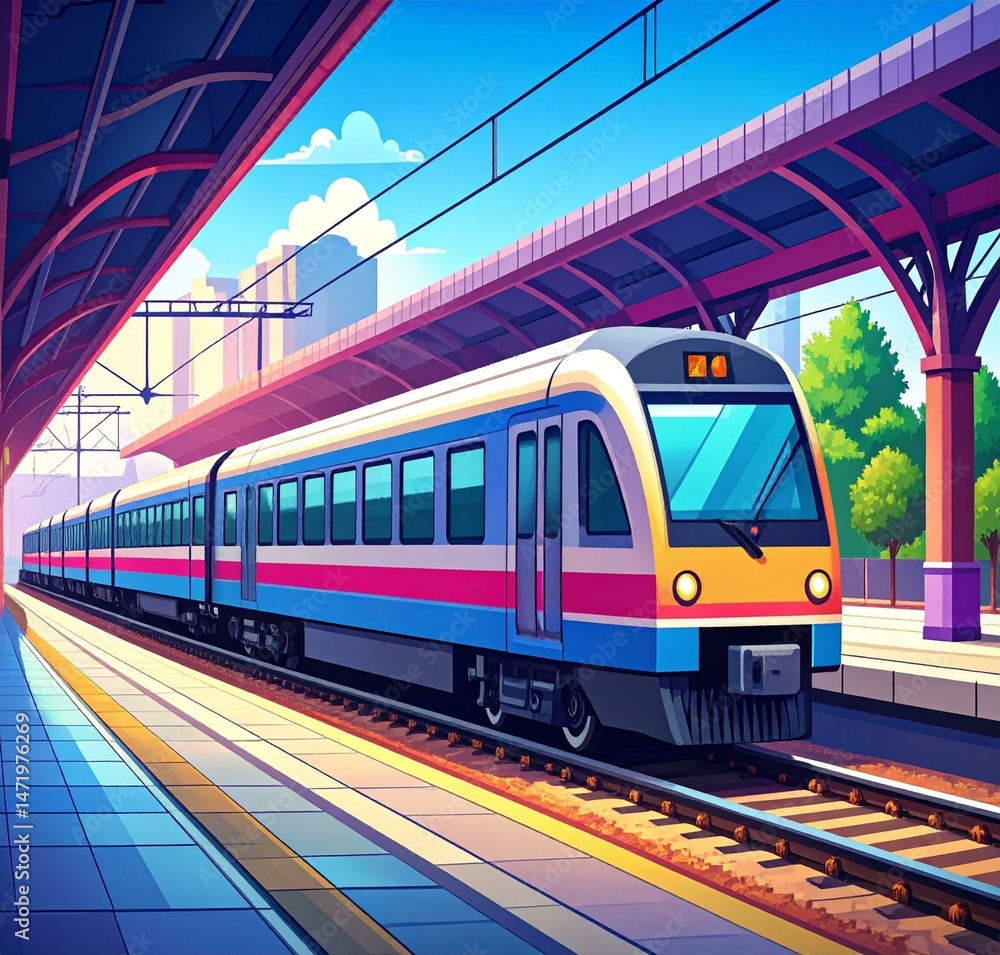 Obraz premium Modern Commuter Train Arriving at City Railway Station Platform A Vibrant Daytime Scene